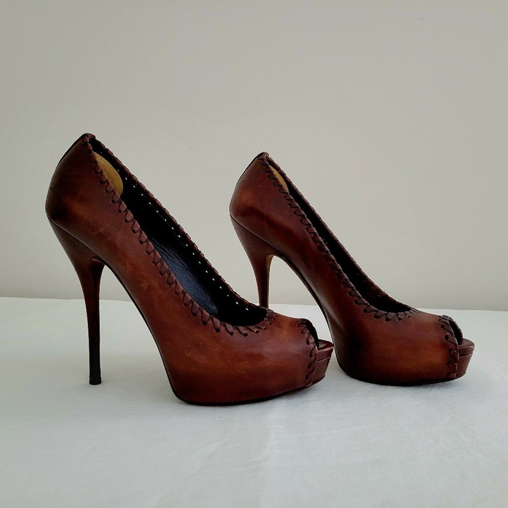 GUCCI BROWN WHIPSTITCH PEEP TOE PLATFORM HIGH HEELS SZ 39 NWOT